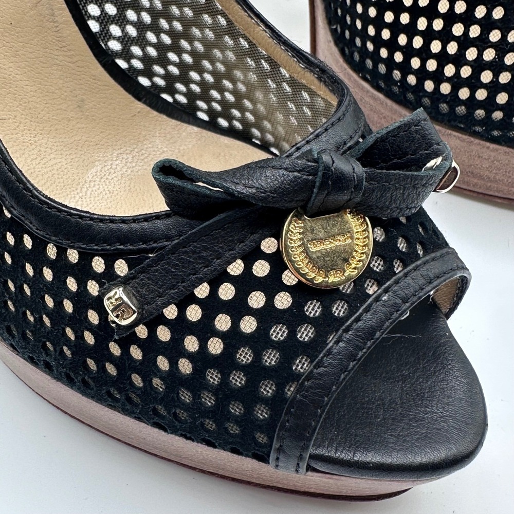 Renzl Black Leather Mesh Peep Toe Platform Pumps Bow Gold Hardware Size 39 Italy